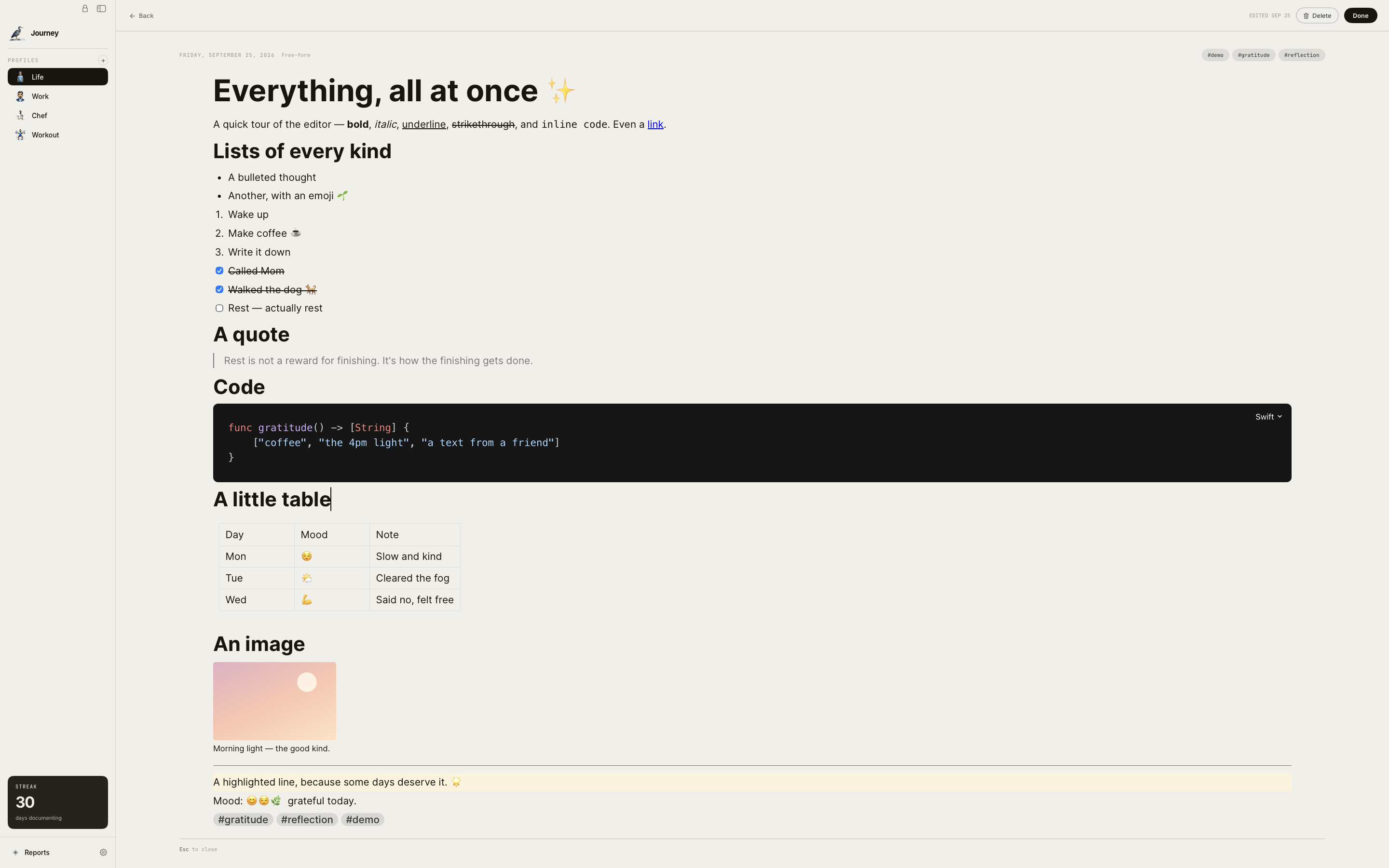 A journal entry in the rich editor — headings, lists, a checklist, quote, code, a table, and an image.