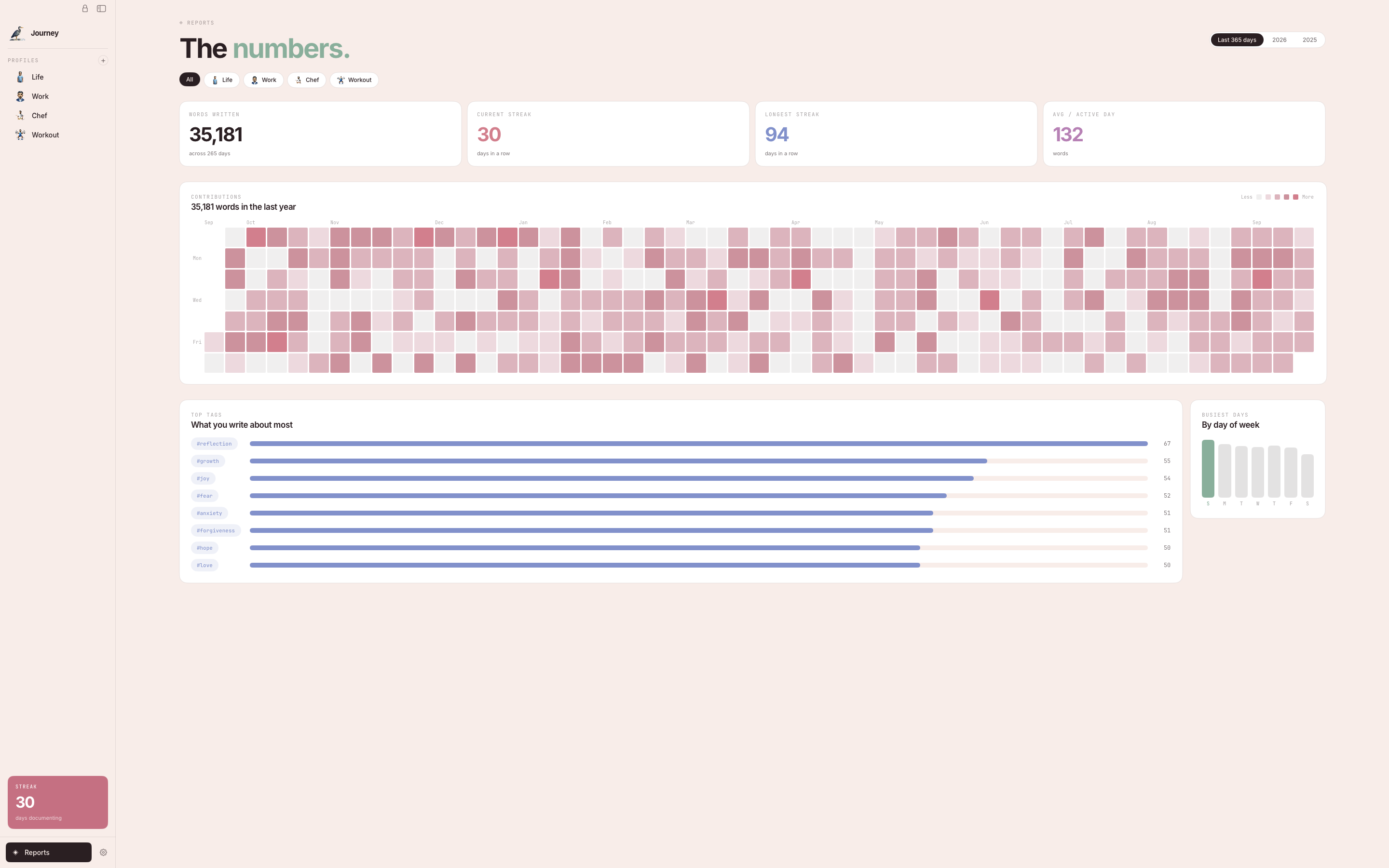 The reports screen — words written, streaks, a contributions heatmap, and top tags.